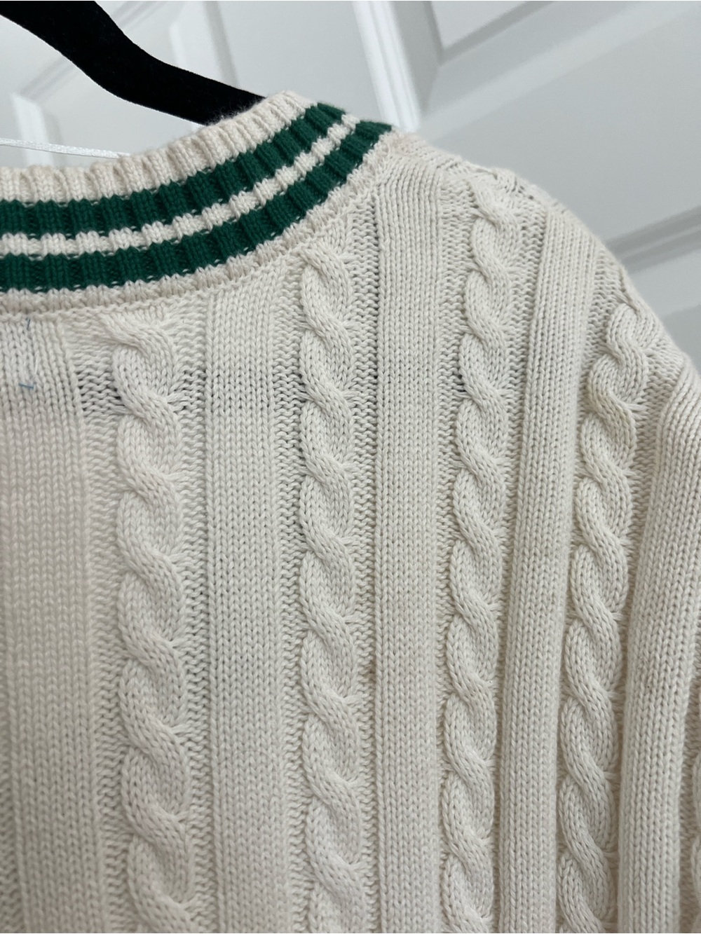 Prince Cream Cable Knit V-Neck Sweater with Green Trim - Picture 7 of 7